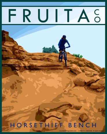 Poster of mountain biker riding Horsethief Bench in Fruita, Colorado. Tan, blue, green.