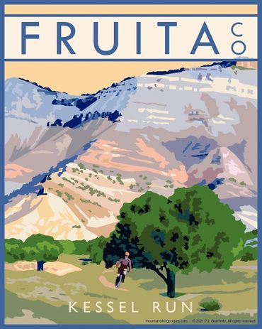Poster of mountain biker riding Kessel Run Trail in Fruita, Colorado. Green, yellow, purple theme.