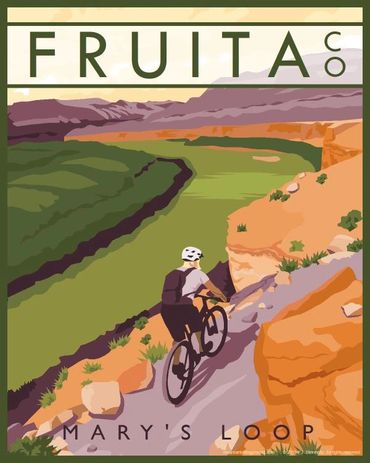 Poster of mountain biker riding Mary's Loop Trail in Fruita, Colorado. Green, orange, purple theme.