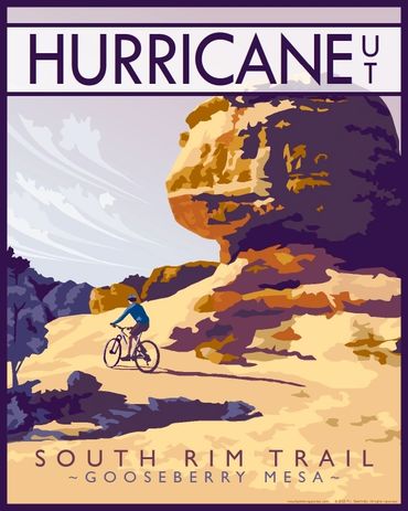 Poster of mountain biker riding South Rim Tr, Gooseberry Mesa, Hurricane, UT. Yellow, purple, orange