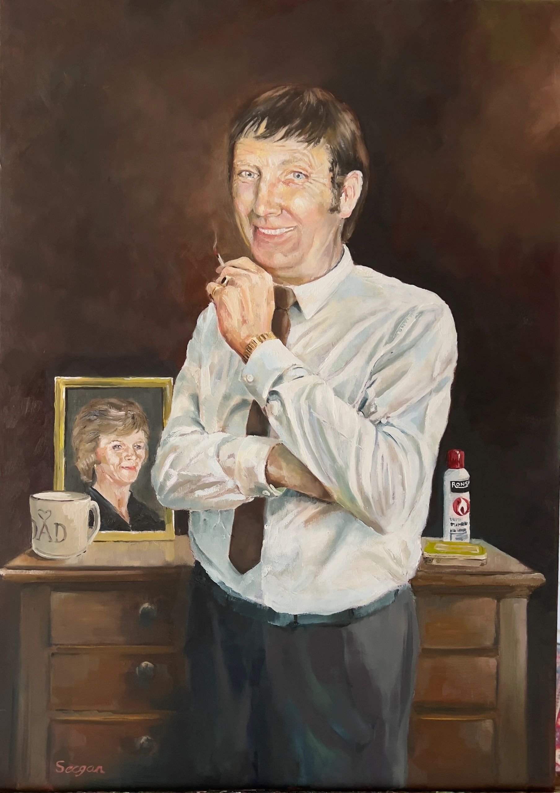 3/4 length portrait of male in oil on canvas. Holbeinesque details of relevance to the subject.