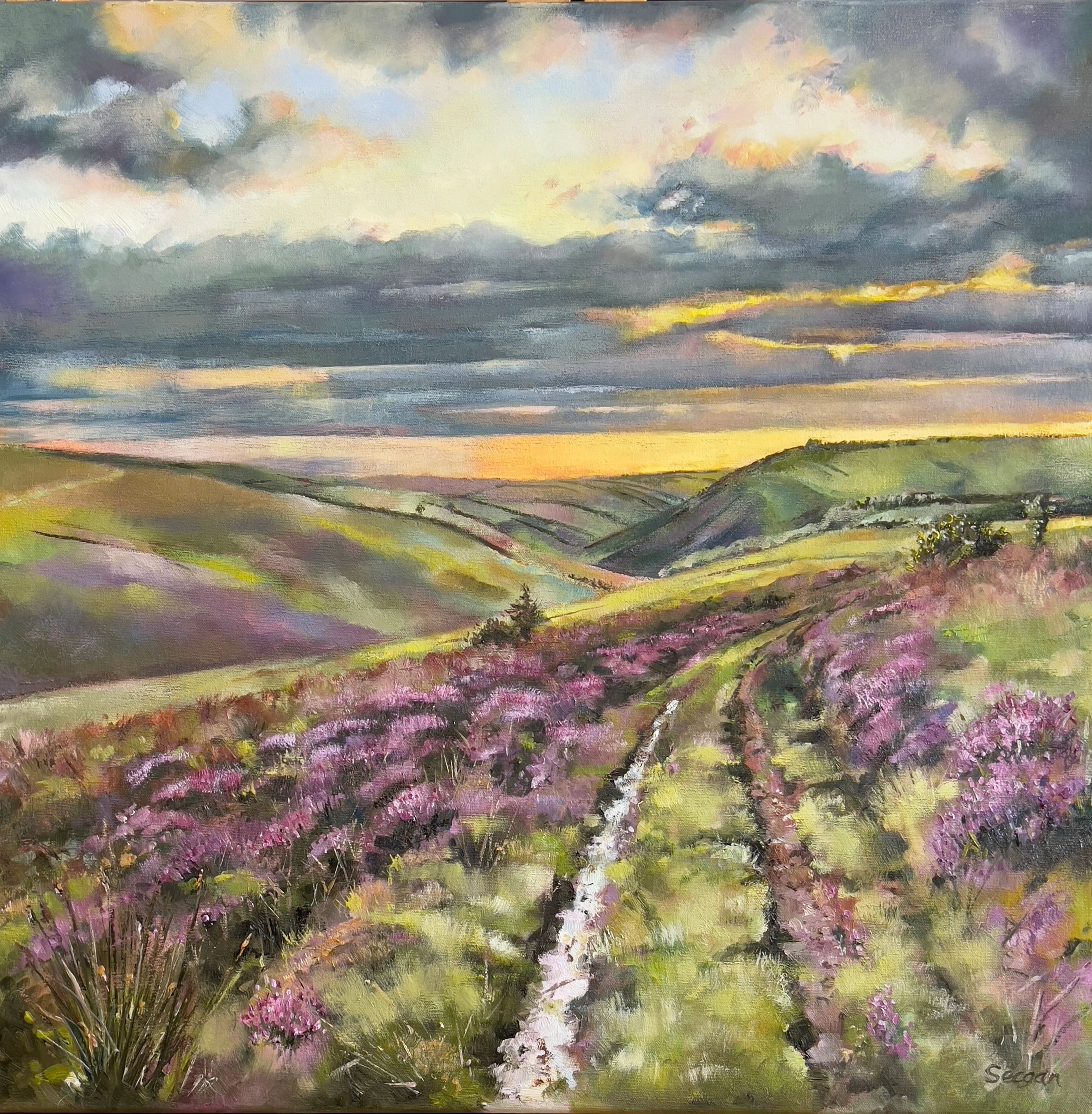 Sunset over Exmoor, across Sheridon and Barle river valleys, original oil painting on canvas by John