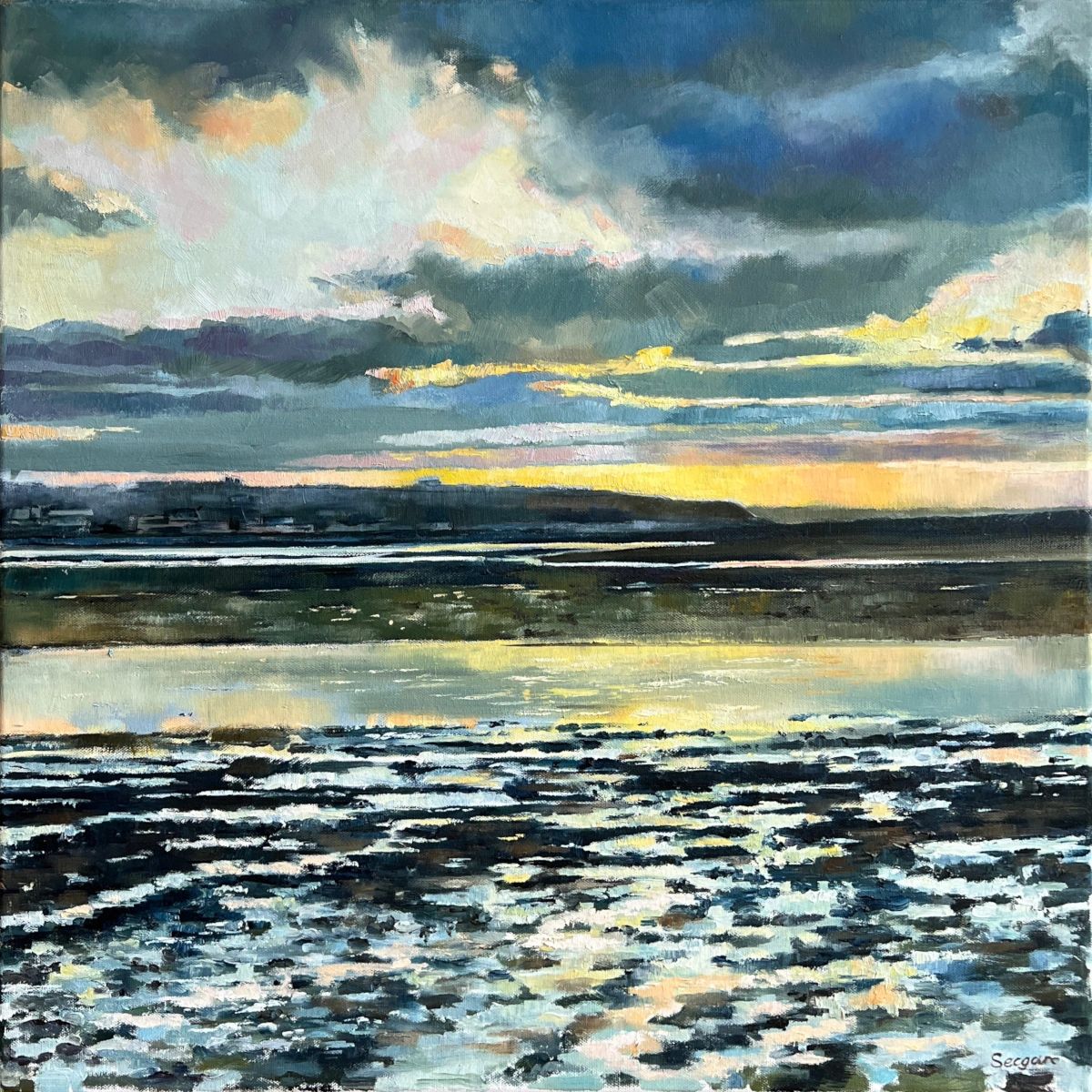 Oil paint on canvas Landscape of sunset over appledore and the River Taw in Devon