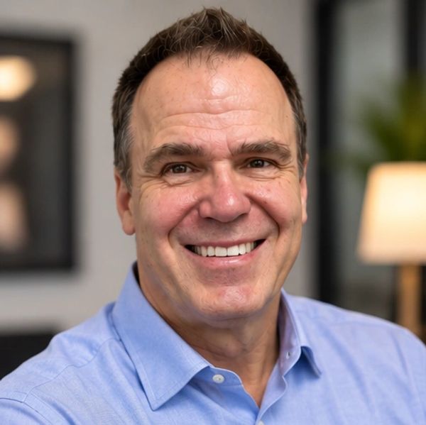Smiling man in blue shirt