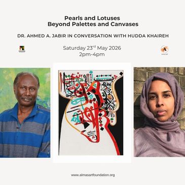 Event poster featuring Dr. Ahmed A. Jabir and Hudda Khaireh for a conversation on art.