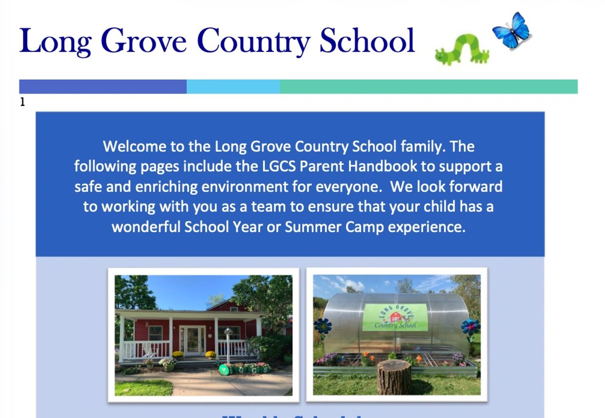 Welcome message and images of Long Grove Country School buildings and greenhouse.