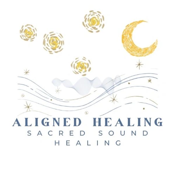 Logo for Aligned Healing with sacred sound imagery.