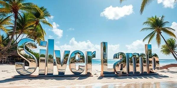 Shiny metallic "Silver Lamb" letters on a tropical beach with palm trees and clear water.