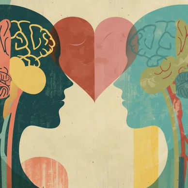 Illustration of two human heads with visible brains facing each other with a heart in between.