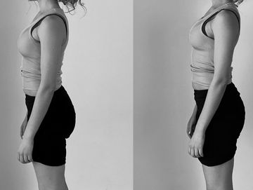 Side-by-side comparison of a woman with and without a padded undergarment.