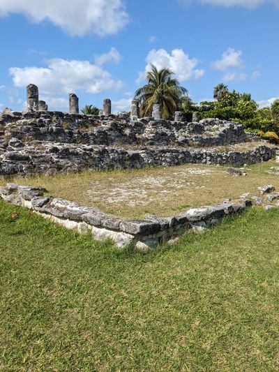 Ancient stone ruins with palm trees under a blue sky.