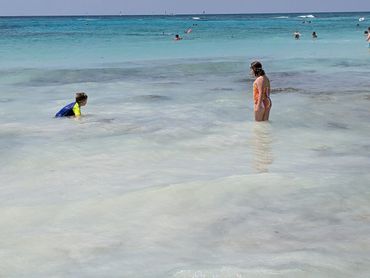 Two children playing in shallow ocean water on a sunny day.
