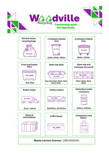 This is a copy of a leaflet which lists all the waste containers Woodville Recycling offer.