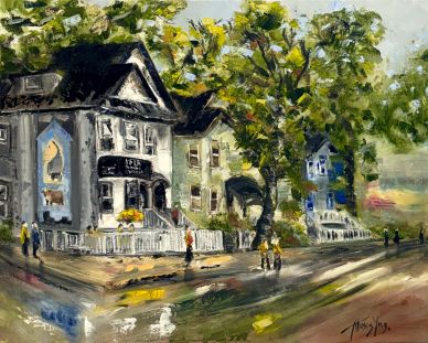 Painting of a cozy street with houses and large trees in impressionist style.