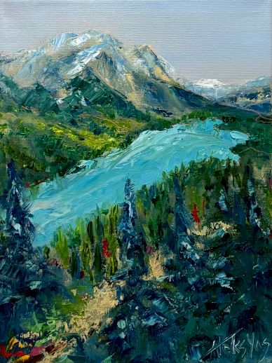 Impressionistic painting of a mountain lake surrounded by forest.