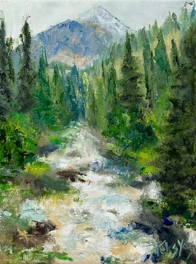Impressionist painting of a mountain stream surrounded by pine trees.