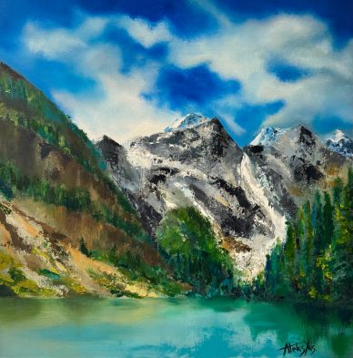 Painting of snow-capped mountains, green trees, and a calm lake under a blue sky.