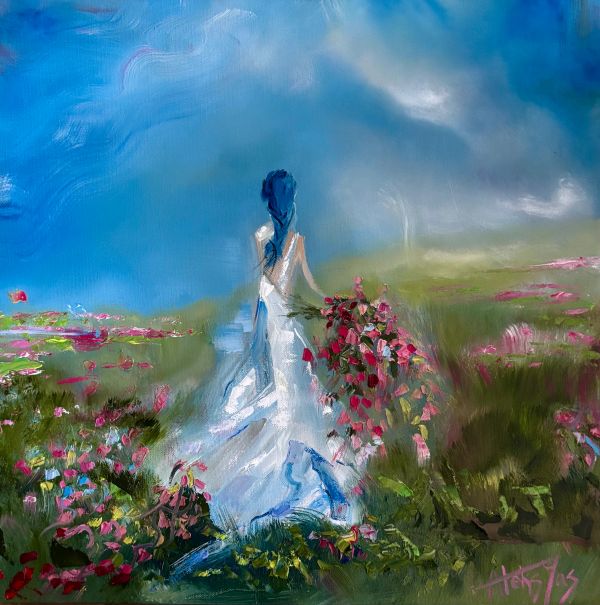 Impressionist painting of a woman in a white dress holding flowers in a vibrant garden.