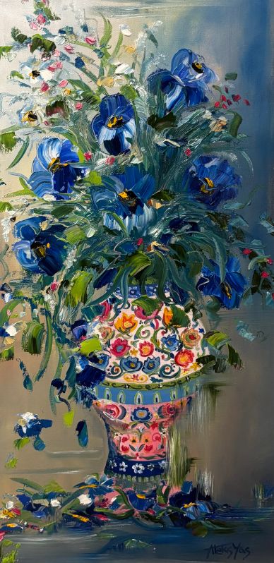 Colorful floral painting with vibrant blue flowers in a decorative vase.