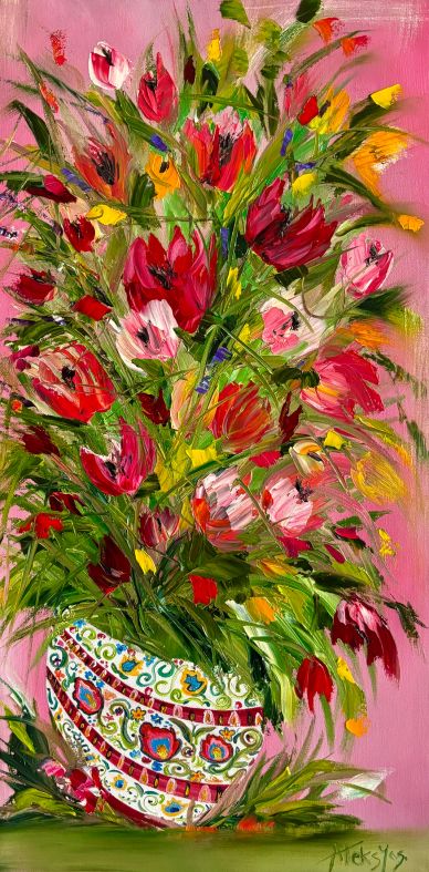 Vibrant floral painting with colorful flowers in a decorative vase on a pink background.