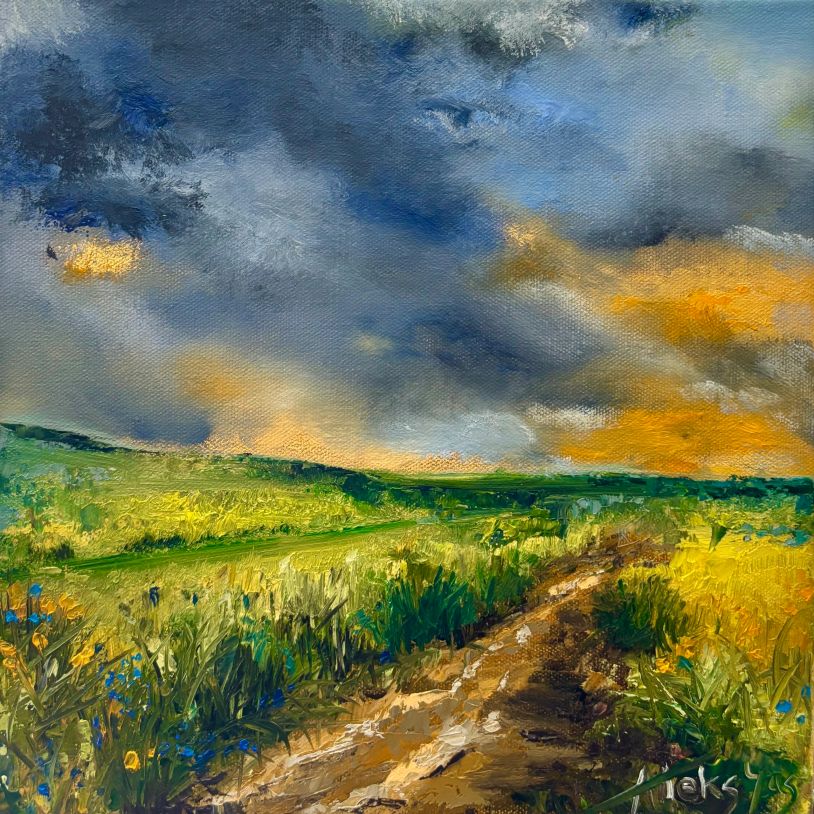 A vibrant landscape painting with a stormy sky and a dirt path.