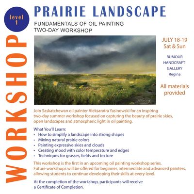 Poster for a two-day prairie landscape oil painting workshop with artist Aleksandra Yasinowski.
