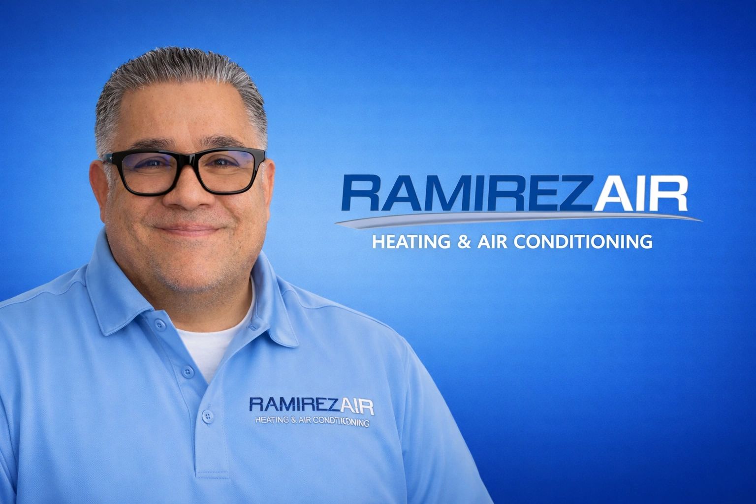 Smiling man wearing Ramirez Air shirt beside company logo.