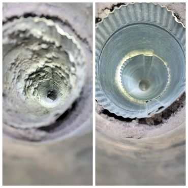 Before and after picture of a dryer vent cleanig