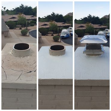 Process picture of a chimney cap install and crown coat sealant