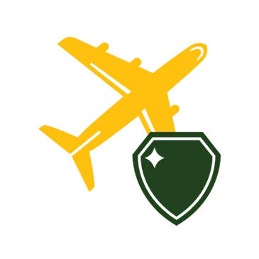 Yellow airplane icon with a dark green shield symbolizing protection.