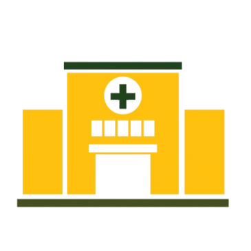 Yellow hospital building icon with a green cross symbol.