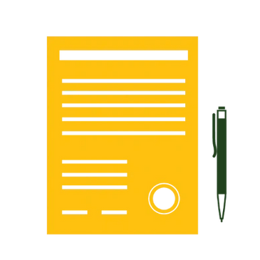 Illustration of a yellow document and a green pen on a white background.