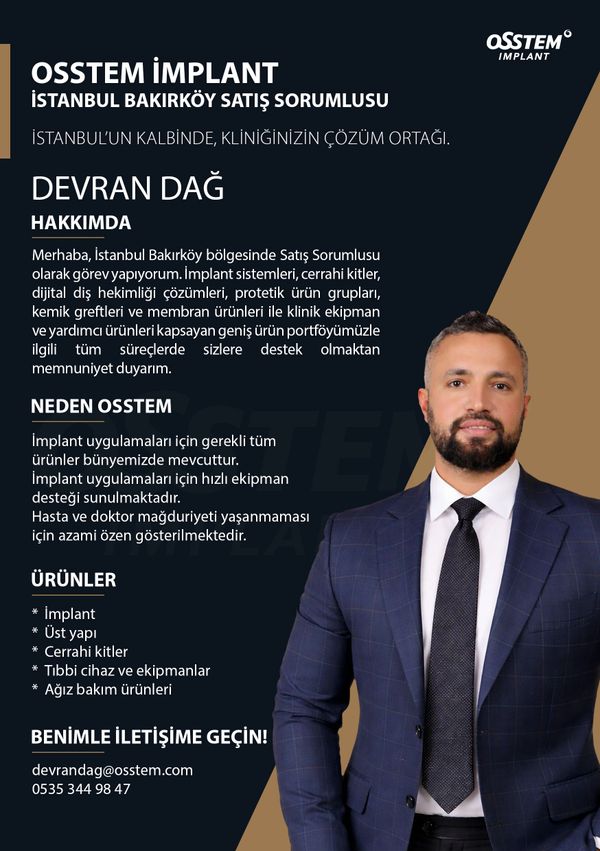 Devran Dağ, İstanbul Bakırköy Satış Sorumlusu, Osstem Implant ürünlerini tanıtıyor.
