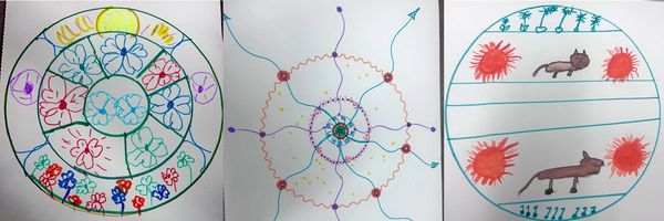 Three participant efforts at Mandala Art. Left: flowers within concentric circles, Center: wavy line