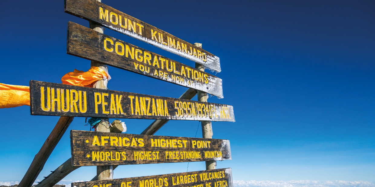 Image of wooden sign at the top of Mount Kilimanjaro