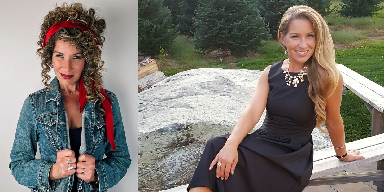 Two stylish women, one in denim and curls, the other in a black dress outdoors.
