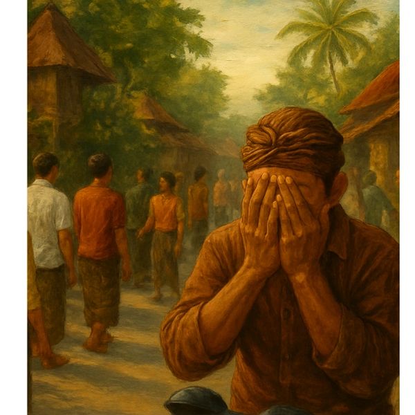 A man covers his face while others walk away in a tropical village setting.