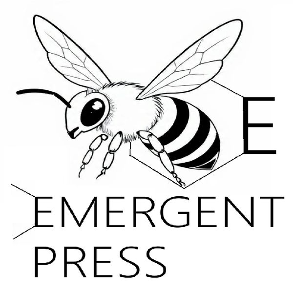 Black and white bee illustration with text 'EMERGENT PRESS'.