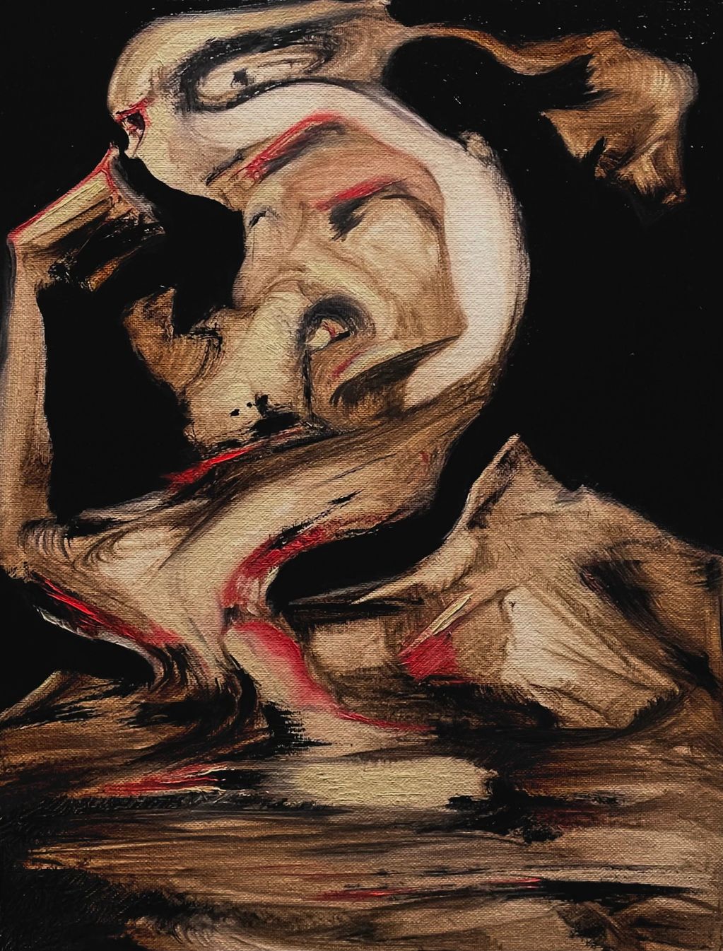 Abstract painting with swirling brown and red tones on black.