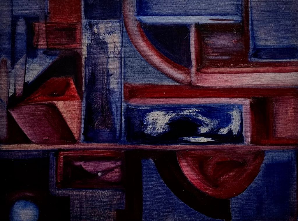 Abstract geometric painting with dark blue and red tones.
