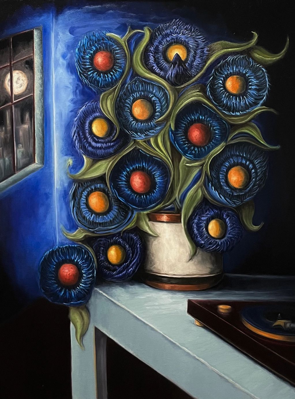 Surreal painting of blue and orange flowers by a window at night.