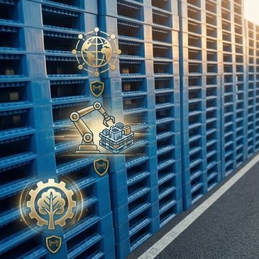 Blue industrial storage bins with digital automation icons overlay.