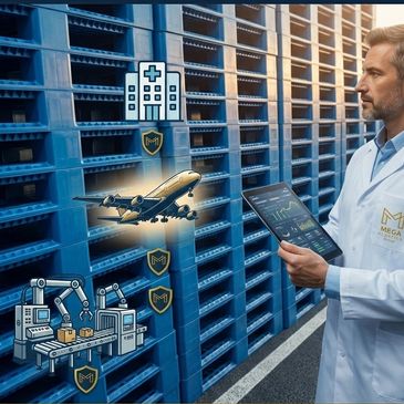 Scientist using tablet in futuristic warehouse with icons of healthcare, aviation, and robotics.