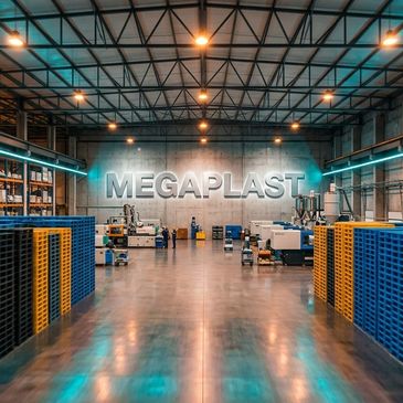 Spacious Megaplast factory interior with machinery and stacked pallets.