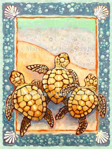 Turtles, loggerhead artwork, oil painting, 3 turtles, sea turtles, turtle paintings, beach artwork