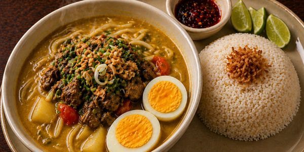 A bowl of savory noodle soup with boiled eggs and a side of rice and lime wedges.