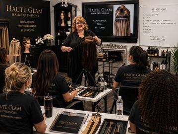 Instructor teaching hair extensions to a group.