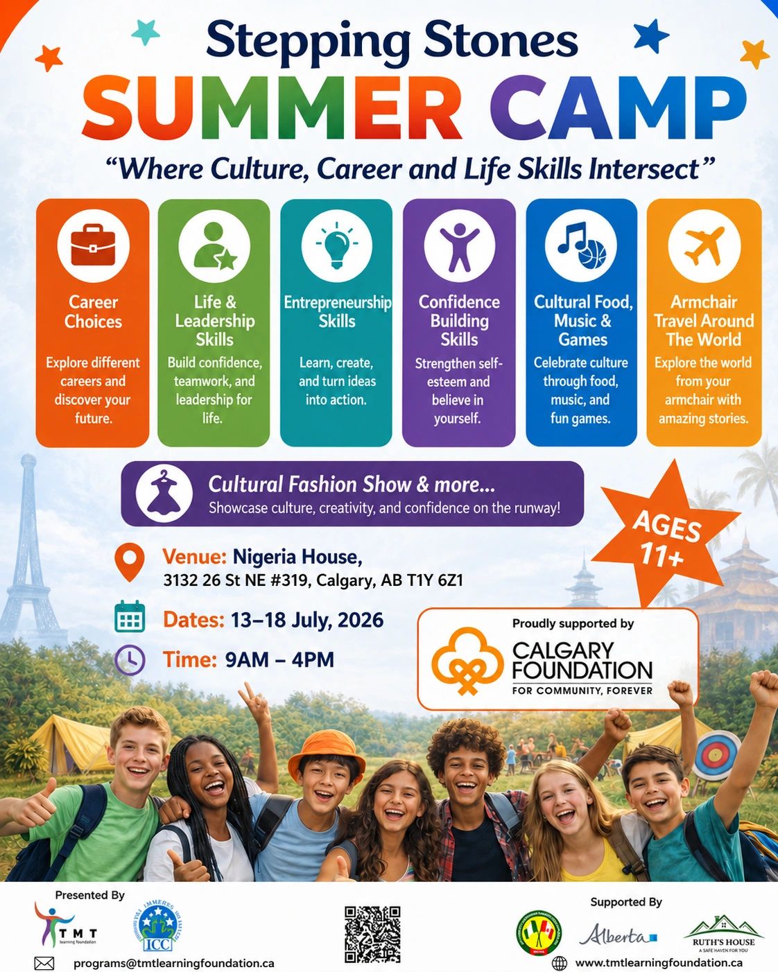 Colorful summer camp flyer promoting skills and cultural activities for kids ages 11+.