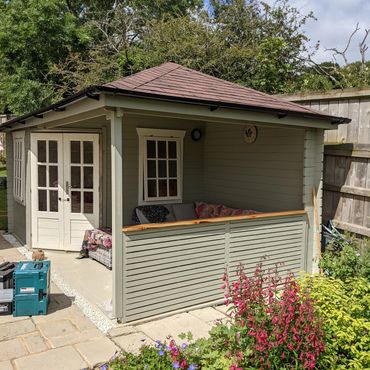 Wooden slatted screening partition.