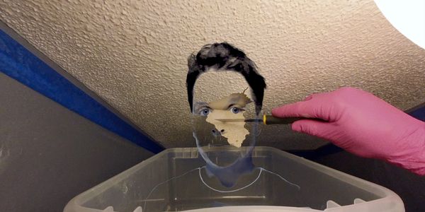 A hand wearing a pink glove peels paint off a ceiling revealing a man's face.